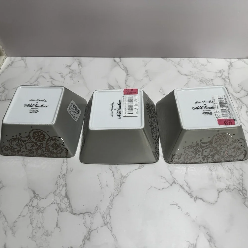 New Set Of 3 Noble Excellence Silver Snowflake Square Soup Cereal Bowl